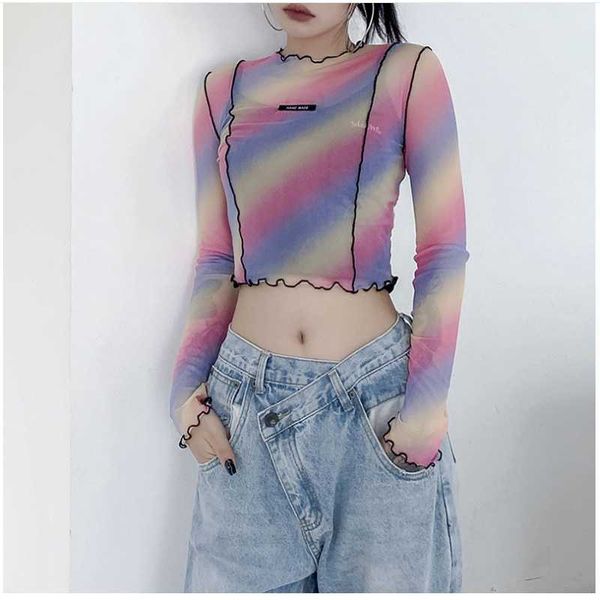 women's fashion printed sports gauze wood ear yoga exposed navel t-shirt feminine semi perspective fitness sportswear outfits, White;red